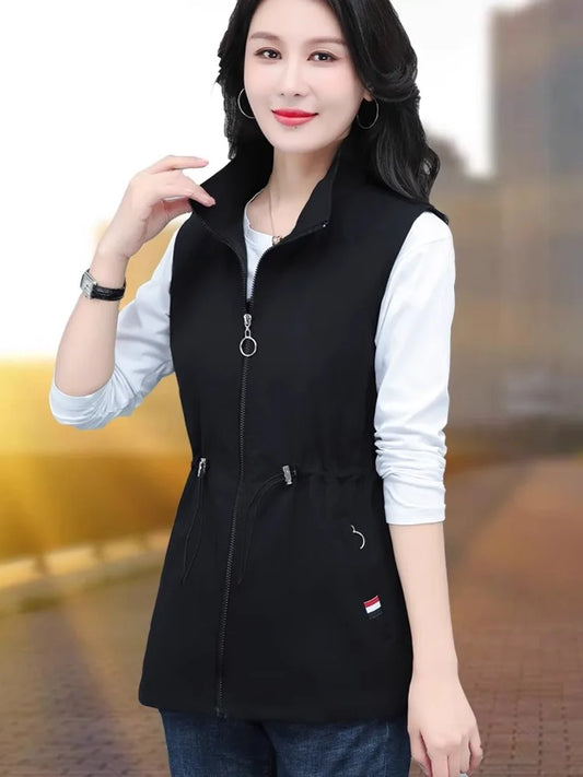 Spring Autumn Women's Waist-Cinching Vest Outerwear Jacket plus Size Slimming Fashionable Polyester Short Zipper Casual