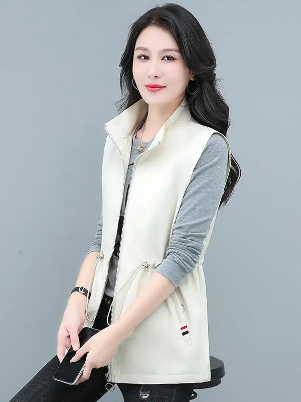 Spring Autumn Women's Waist-Cinching Vest Outerwear Jacket plus Size Slimming Fashionable Polyester Short Zipper Casual