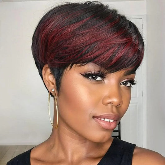 Short Hair Wigs for Black Women Ombre Red Wig Pixie Cut Wigs with Bangs Synthetic Short Pixie Wig for Black Women Natural Black