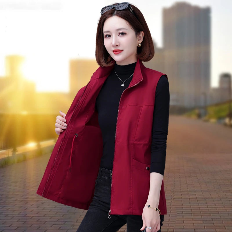 Spring Autumn Women's Waist-Cinching Vest Outerwear Jacket plus Size Slimming Fashionable Polyester Short Zipper Casual