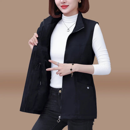 Spring Autumn Women's Waist-Cinching Vest Outerwear Jacket plus Size Slimming Fashionable Polyester Short Zipper Casual