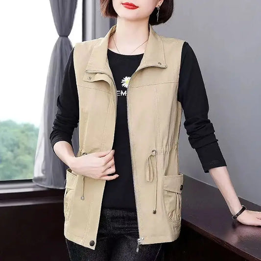 Casual Style Sleeveless Vest Coat for Middle-Aged Women Spring Autumn Loose Fit Waist-Cinching Stand Collar Outerwear