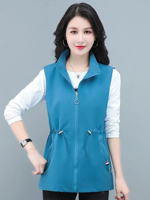 Spring Autumn Women's Waist-Cinching Vest Outerwear Jacket plus Size Slimming Fashionable Polyester Short Zipper Casual