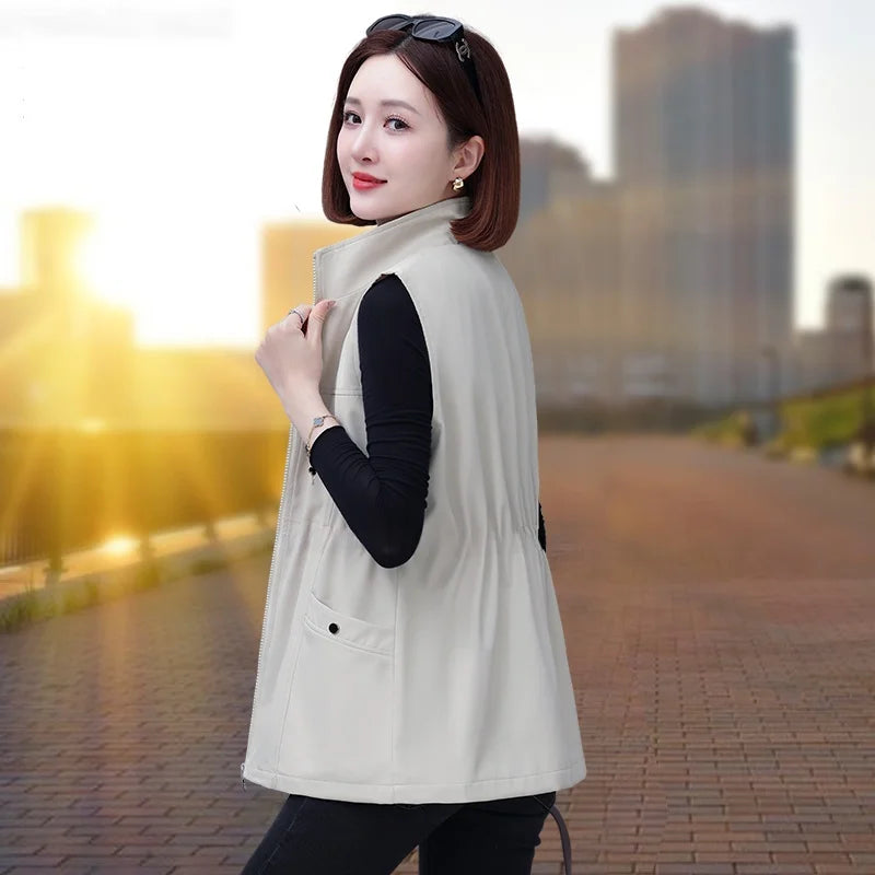 Spring Autumn Women's Waist-Cinching Vest Outerwear Jacket plus Size Slimming Fashionable Polyester Short Zipper Casual